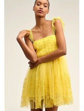 Anthropologie Eyelet Tulle Mini Dress Yellow NWT NEW